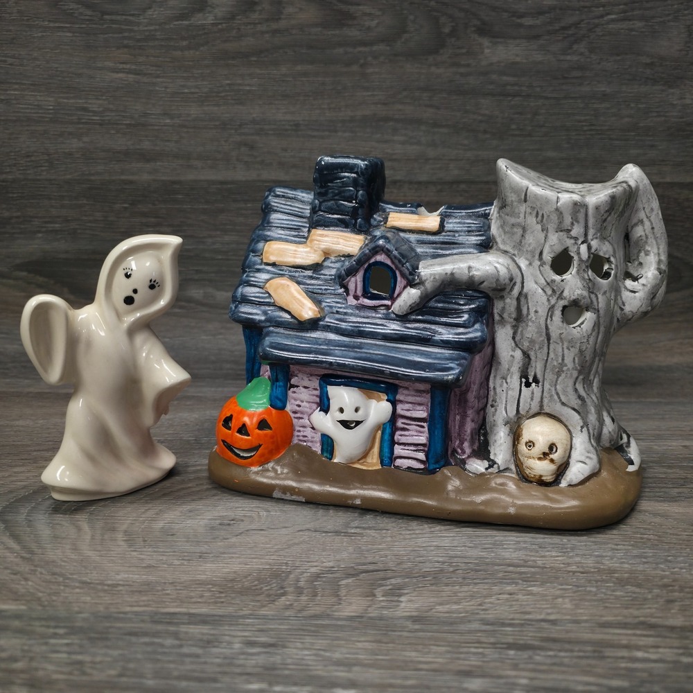 VTG Russ Halloween Haunted‎ House Ghost Jack o Lantern Skull Ceramic Decoration